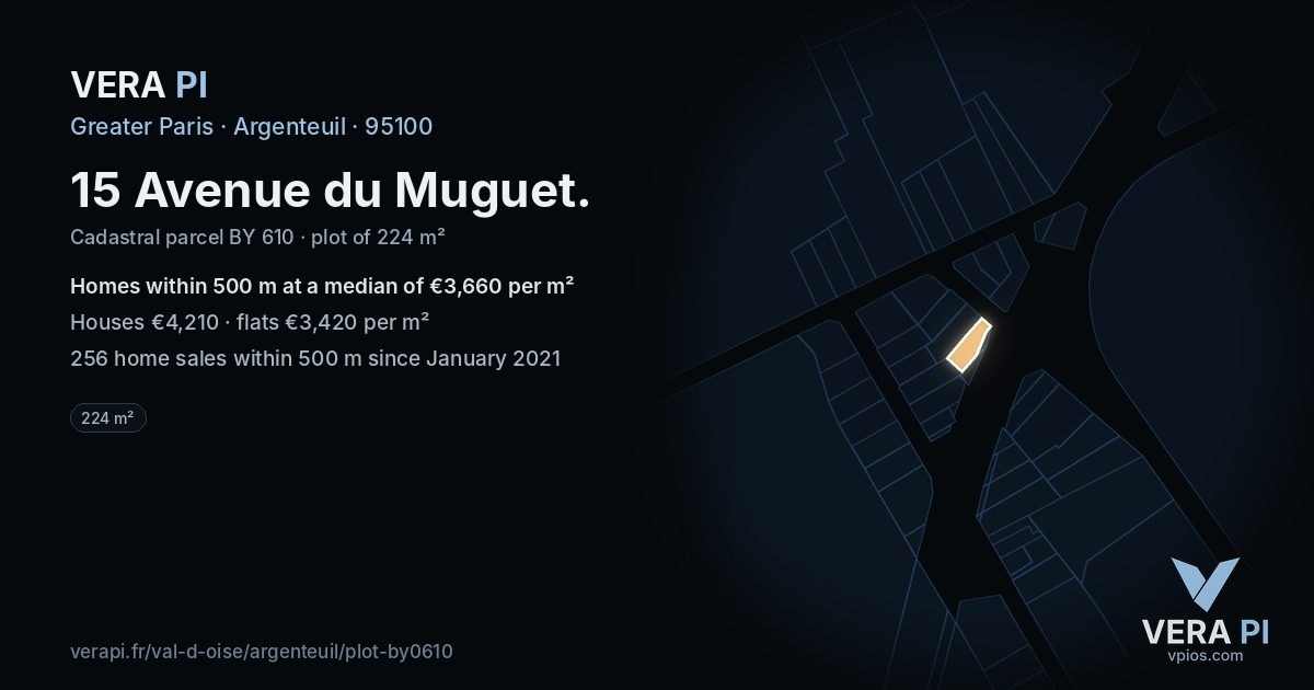 15 Avenue du Muguet, Argenteuil at night – the plot lit, the parcels around coloured by the prices near them