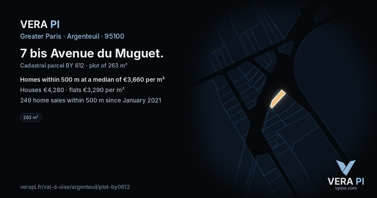 7 bis Avenue du Muguet, Argenteuil at night – the plot lit, the parcels around coloured by the prices near them