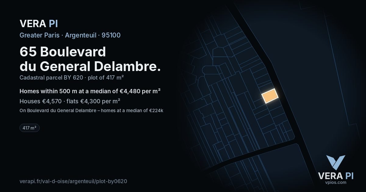 65 Boulevard du General Delambre, Argenteuil at night – the plot lit, the parcels around coloured by the prices near them