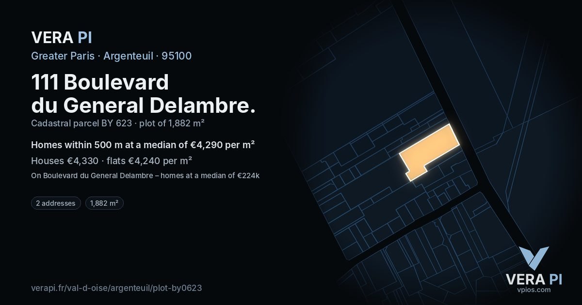 111 Boulevard du General Delambre, Argenteuil at night – the plot lit, the parcels around coloured by the prices near them