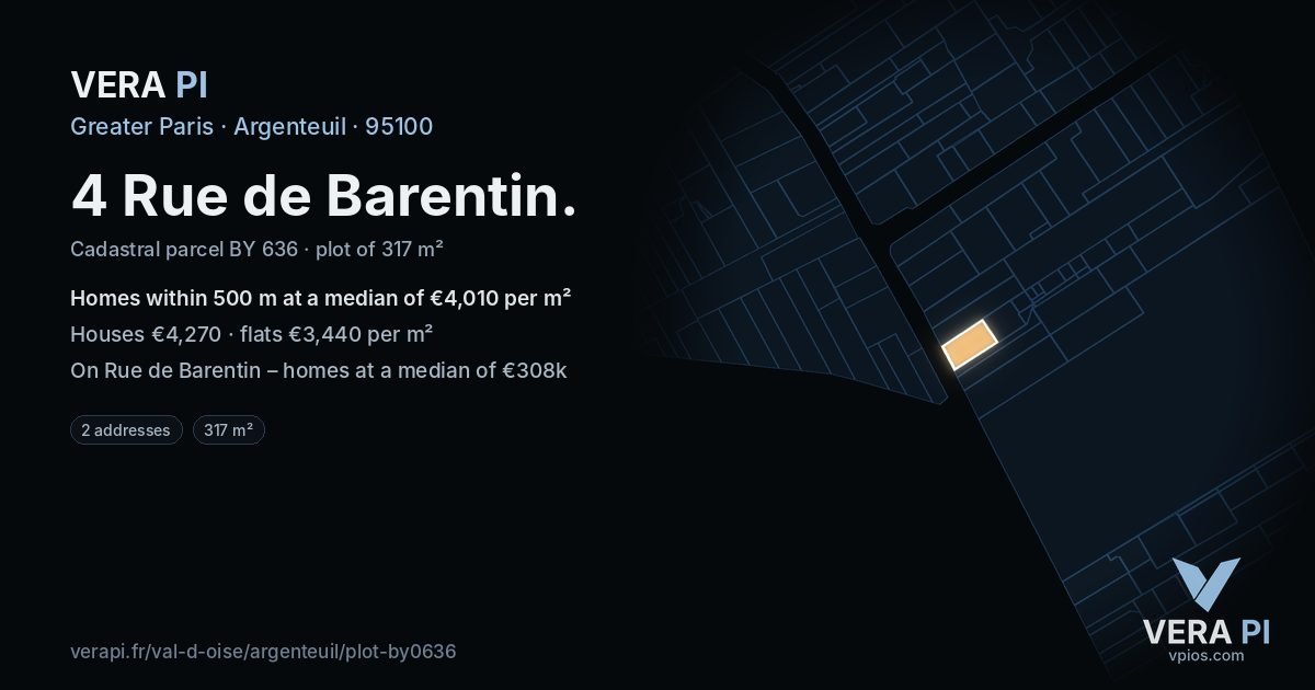 4 Rue de Barentin, Argenteuil at night – the plot lit, the parcels around coloured by the prices near them