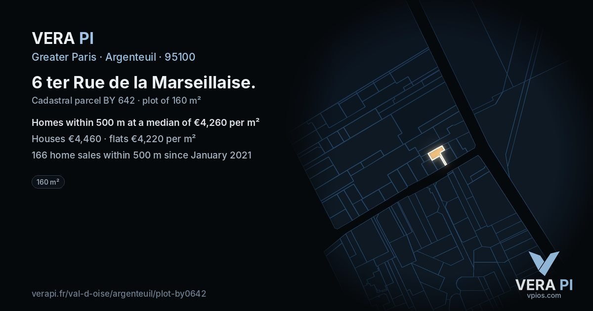 6 ter Rue de la Marseillaise, Argenteuil at night – the plot lit, the parcels around coloured by the prices near them