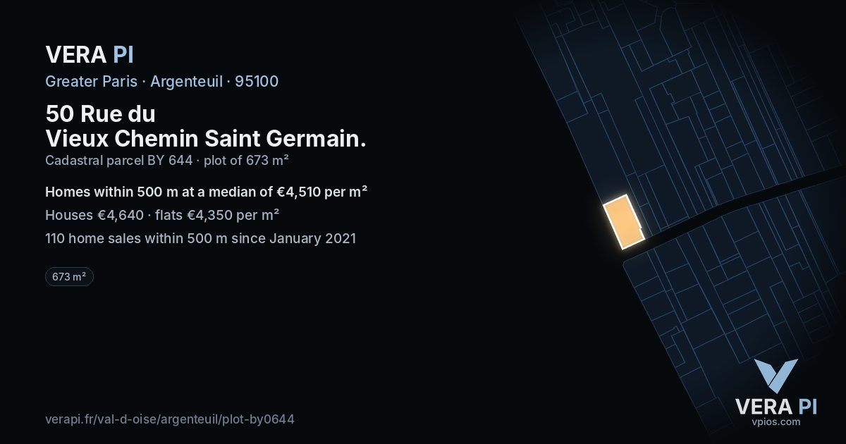 50 Rue du Vieux Chemin Saint Germain, Argenteuil at night – the plot lit, the parcels around coloured by the prices near them