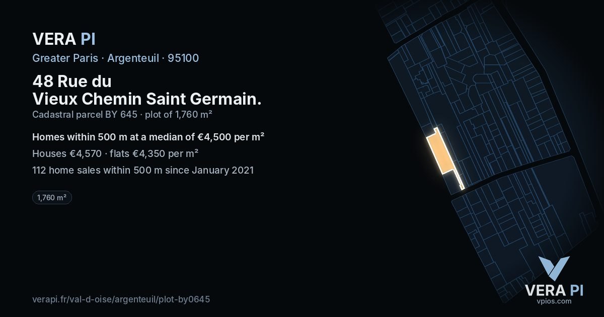 48 Rue du Vieux Chemin Saint Germain, Argenteuil at night – the plot lit, the parcels around coloured by the prices near them