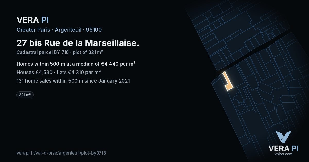 27 bis Rue de la Marseillaise, Argenteuil at night – the plot lit, the parcels around coloured by the prices near them