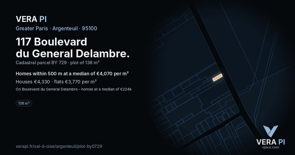 117 Boulevard du General Delambre, Argenteuil at night – the plot lit, the parcels around coloured by the prices near them
