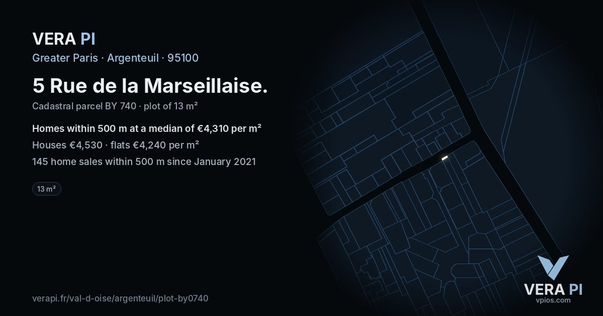 5 Rue de la Marseillaise, Argenteuil at night – the plot lit, the parcels around coloured by the prices near them