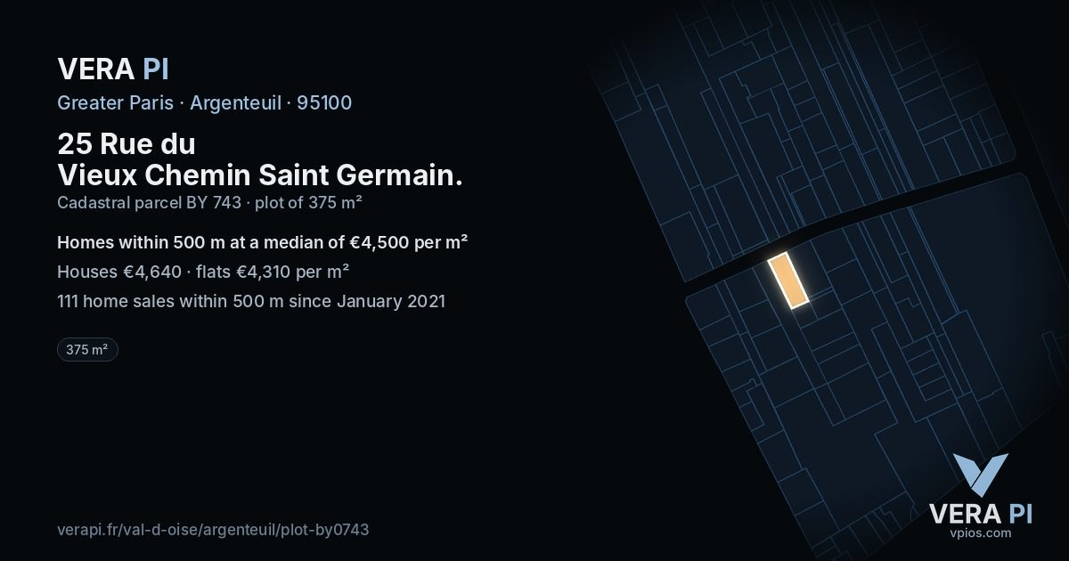 25 Rue du Vieux Chemin Saint Germain, Argenteuil at night – the plot lit, the parcels around coloured by the prices near them