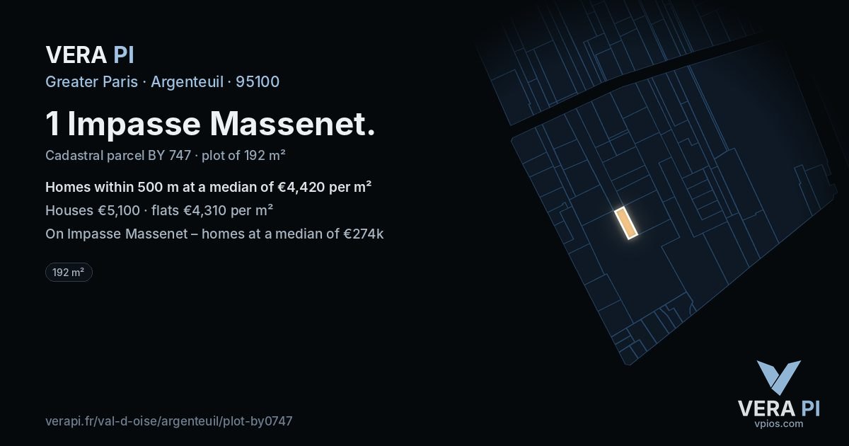 1 Impasse Massenet, Argenteuil at night – the plot lit, the parcels around coloured by the prices near them