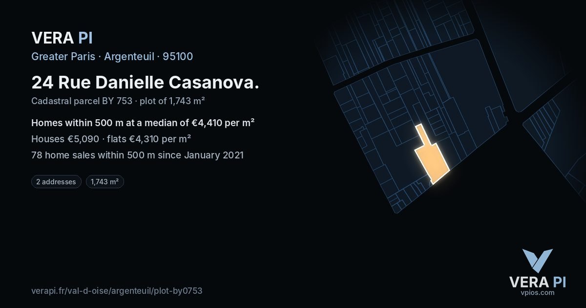 24 Rue Danielle Casanova, Argenteuil at night – the plot lit, the parcels around coloured by the prices near them