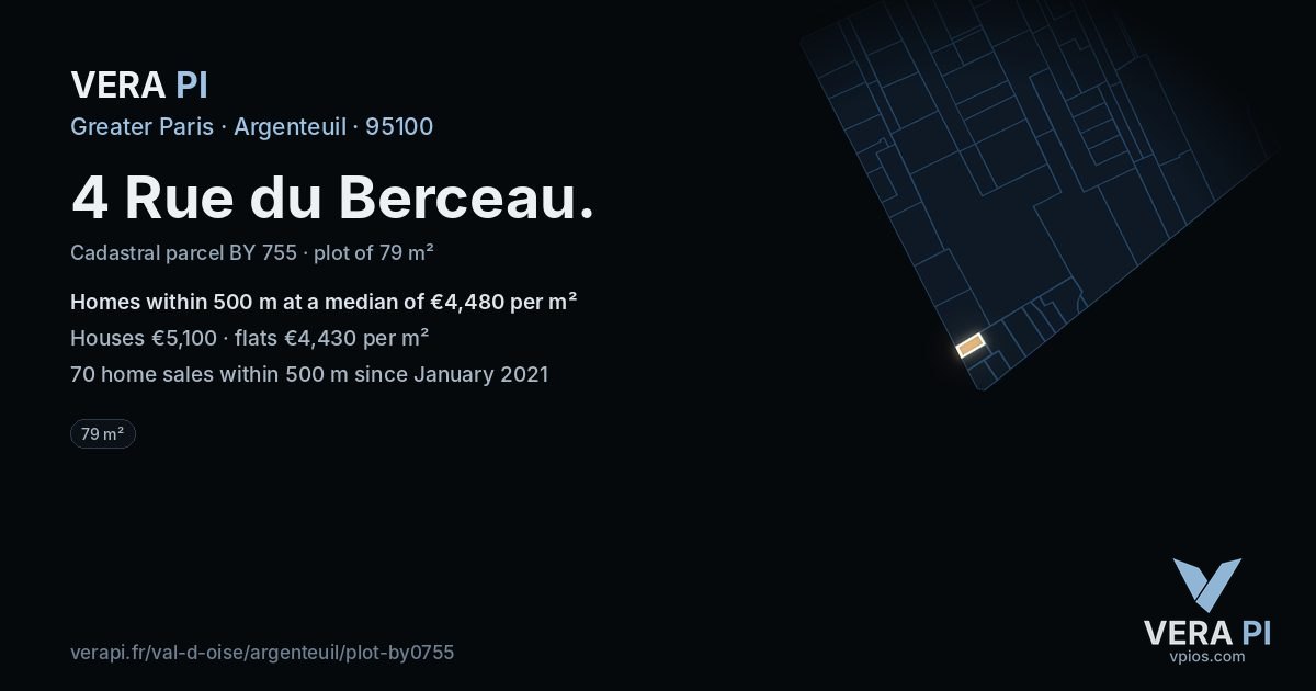 4 Rue du Berceau, Argenteuil at night – the plot lit, the parcels around coloured by the prices near them