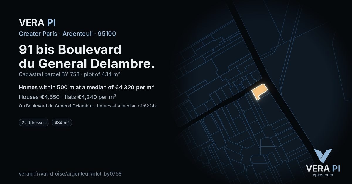 91 bis Boulevard du General Delambre, Argenteuil at night – the plot lit, the parcels around coloured by the prices near them