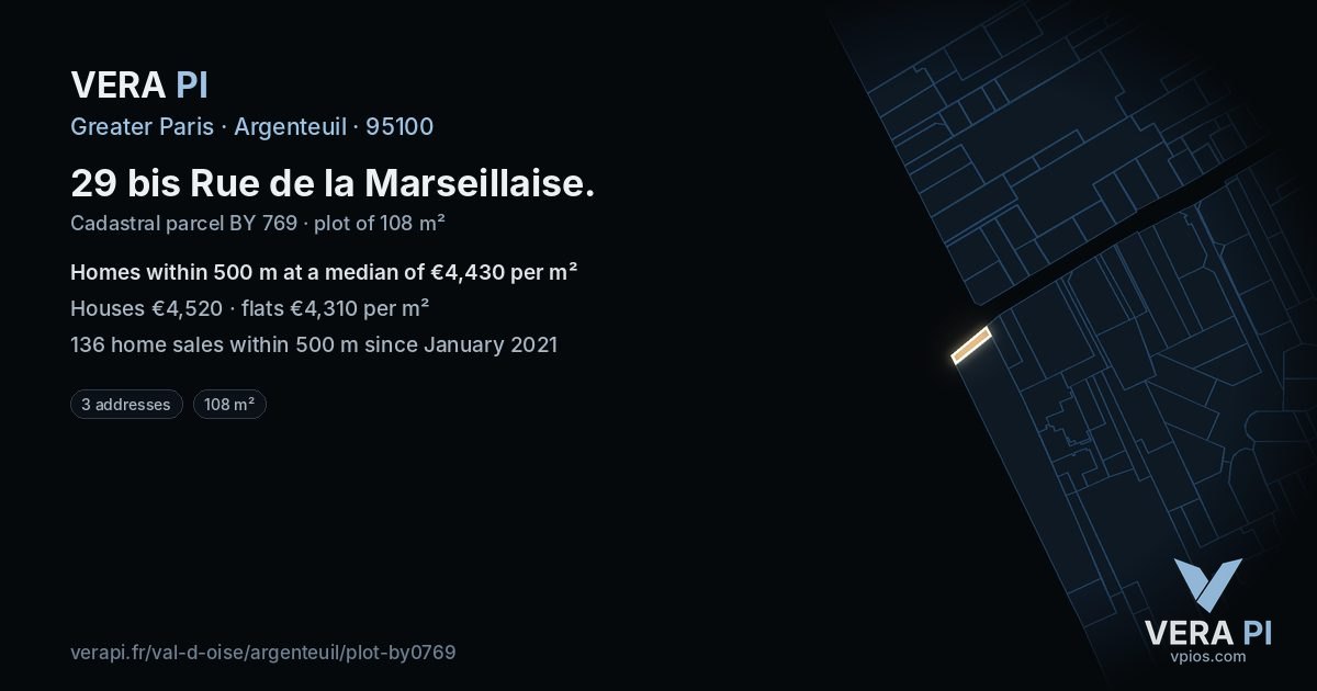 29 bis Rue de la Marseillaise, Argenteuil at night – the plot lit, the parcels around coloured by the prices near them