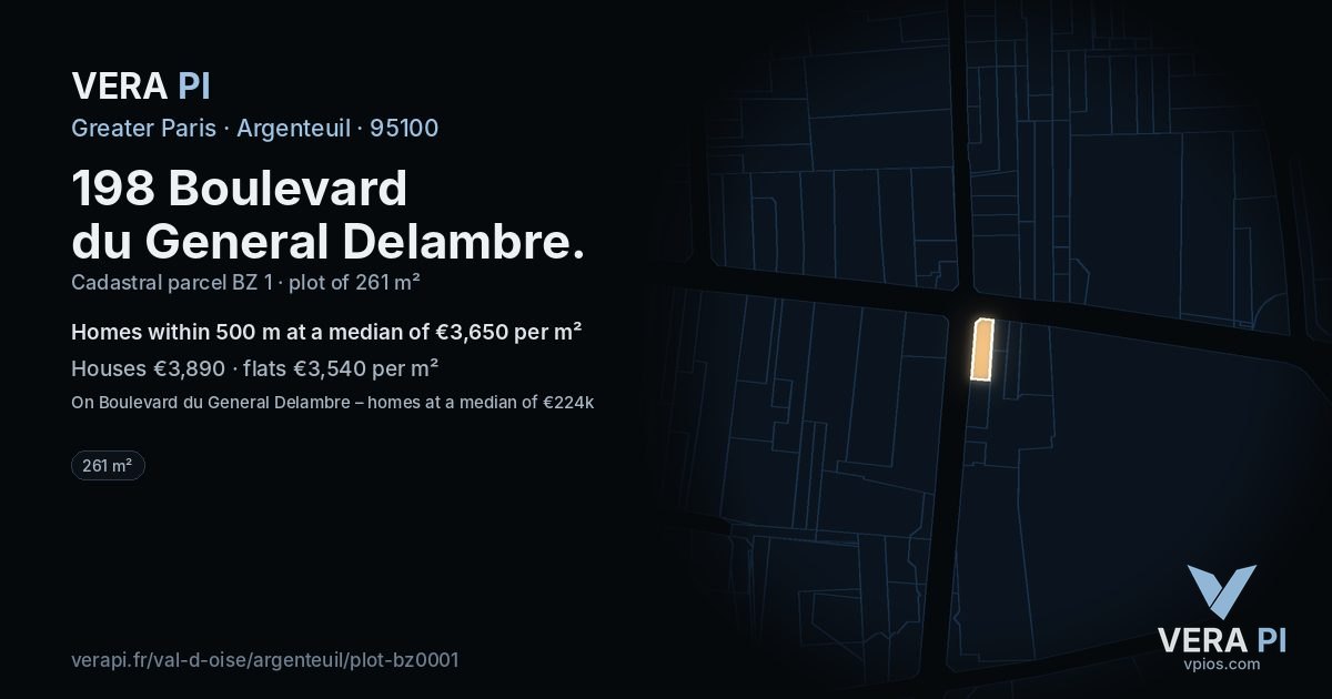 198 Boulevard du General Delambre, Argenteuil at night – the plot lit, the parcels around coloured by the prices near them