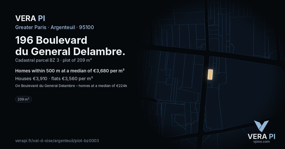 196 Boulevard du General Delambre, Argenteuil at night – the plot lit, the parcels around coloured by the prices near them