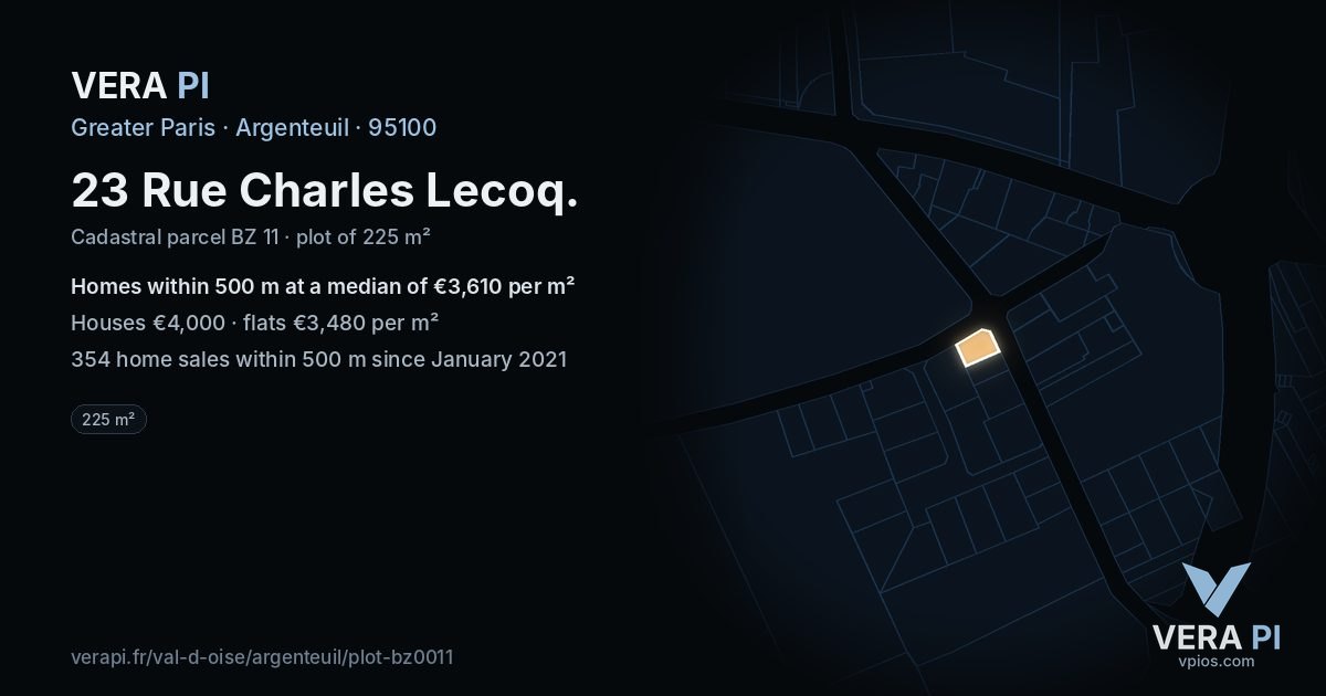 23 Rue Charles Lecoq, Argenteuil at night – the plot lit, the parcels around coloured by the prices near them