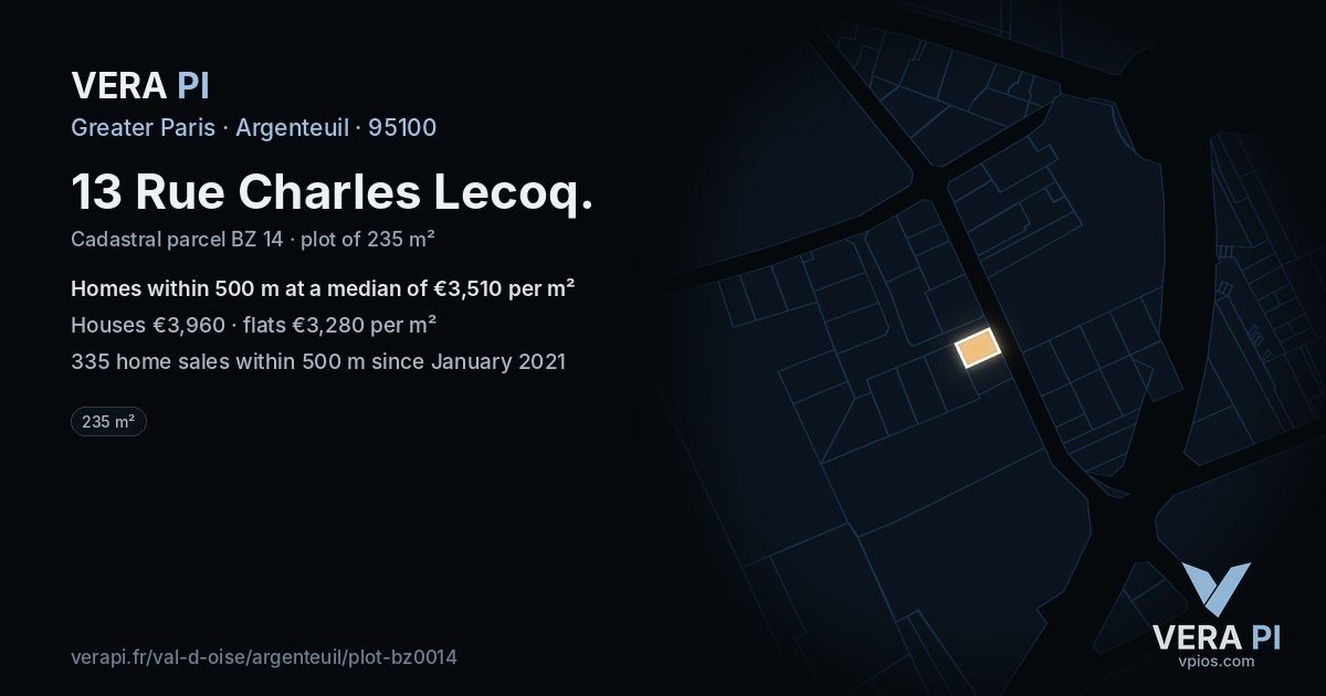 13 Rue Charles Lecoq, Argenteuil at night – the plot lit, the parcels around coloured by the prices near them