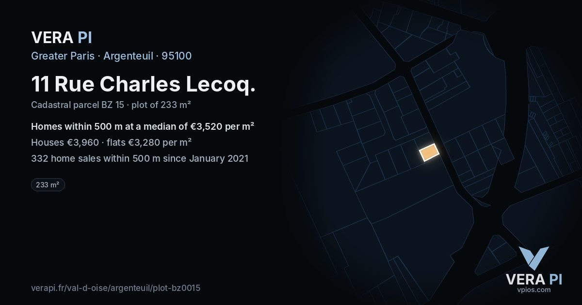 11 Rue Charles Lecoq, Argenteuil at night – the plot lit, the parcels around coloured by the prices near them