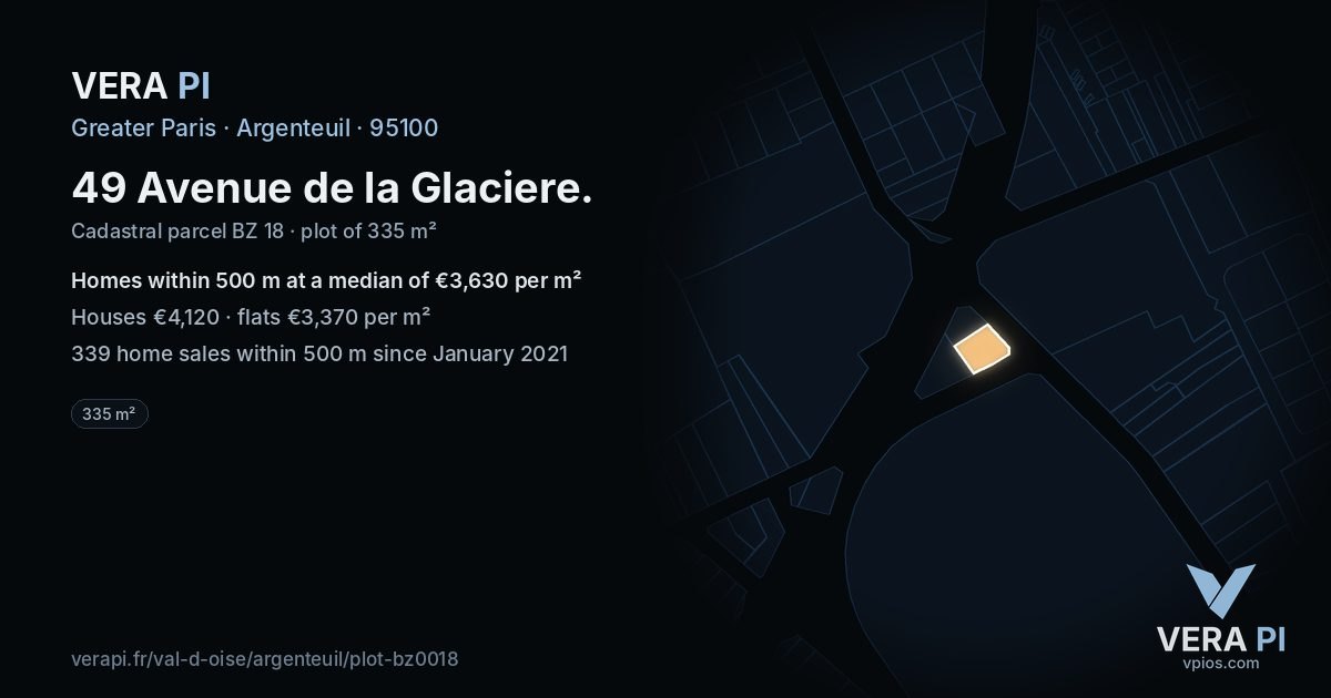 49 Avenue de la Glaciere, Argenteuil at night – the plot lit, the parcels around coloured by the prices near them