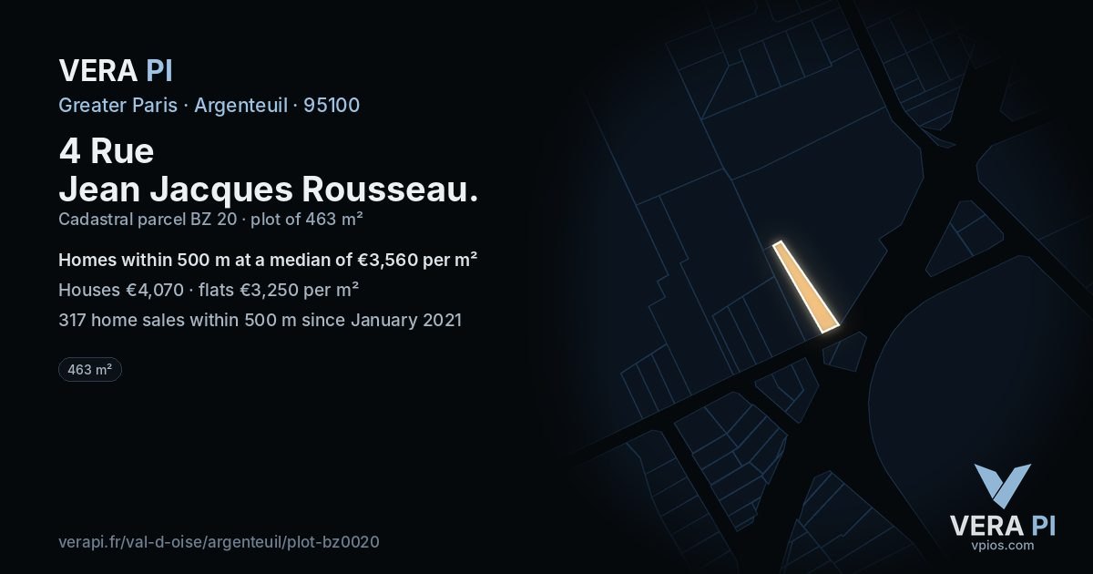 4 Rue Jean Jacques Rousseau, Argenteuil at night – the plot lit, the parcels around coloured by the prices near them