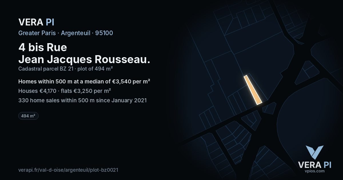 4 bis Rue Jean Jacques Rousseau, Argenteuil at night – the plot lit, the parcels around coloured by the prices near them