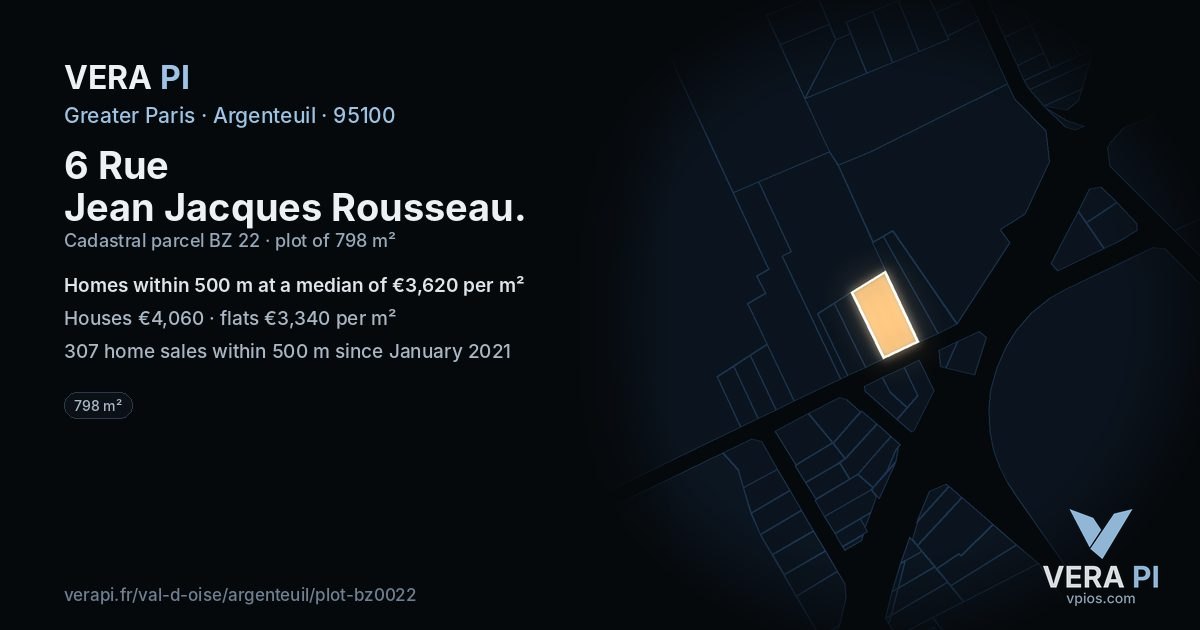 6 Rue Jean Jacques Rousseau, Argenteuil at night – the plot lit, the parcels around coloured by the prices near them