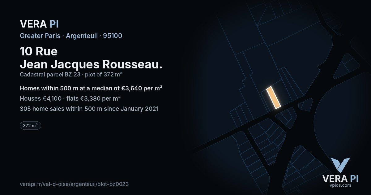 10 Rue Jean Jacques Rousseau, Argenteuil at night – the plot lit, the parcels around coloured by the prices near them