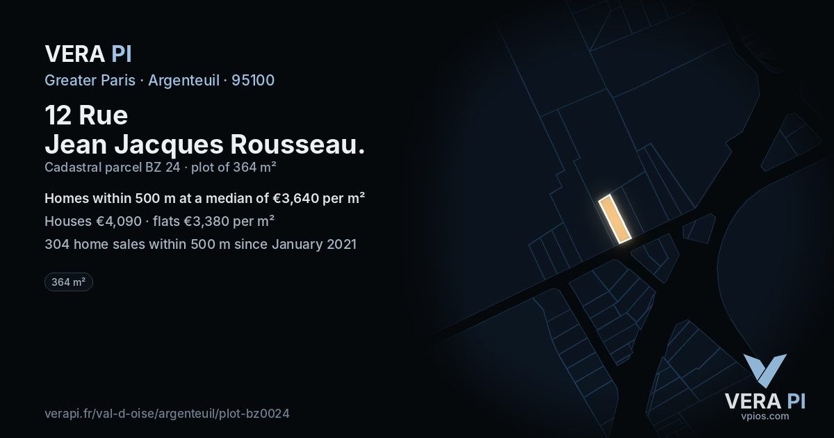12 Rue Jean Jacques Rousseau, Argenteuil at night – the plot lit, the parcels around coloured by the prices near them