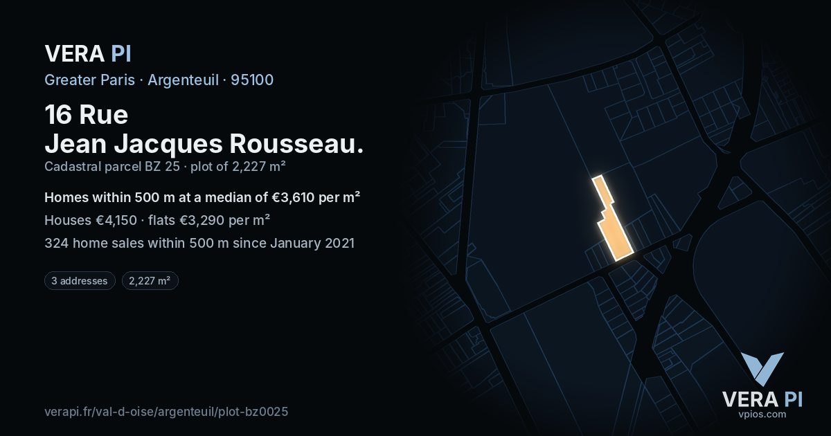 16 Rue Jean Jacques Rousseau, Argenteuil at night – the plot lit, the parcels around coloured by the prices near them
