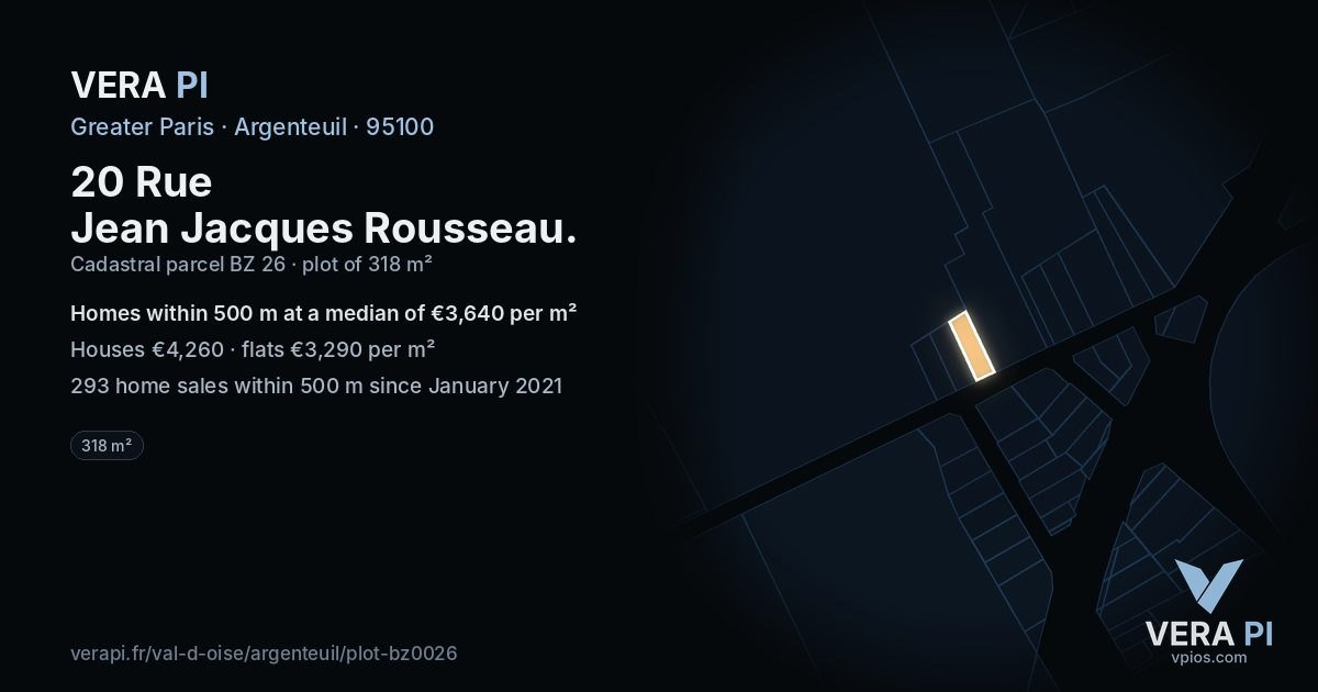 20 Rue Jean Jacques Rousseau, Argenteuil at night – the plot lit, the parcels around coloured by the prices near them