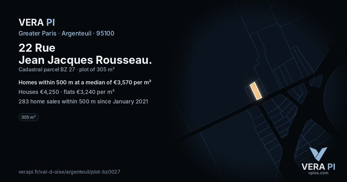 22 Rue Jean Jacques Rousseau, Argenteuil at night – the plot lit, the parcels around coloured by the prices near them