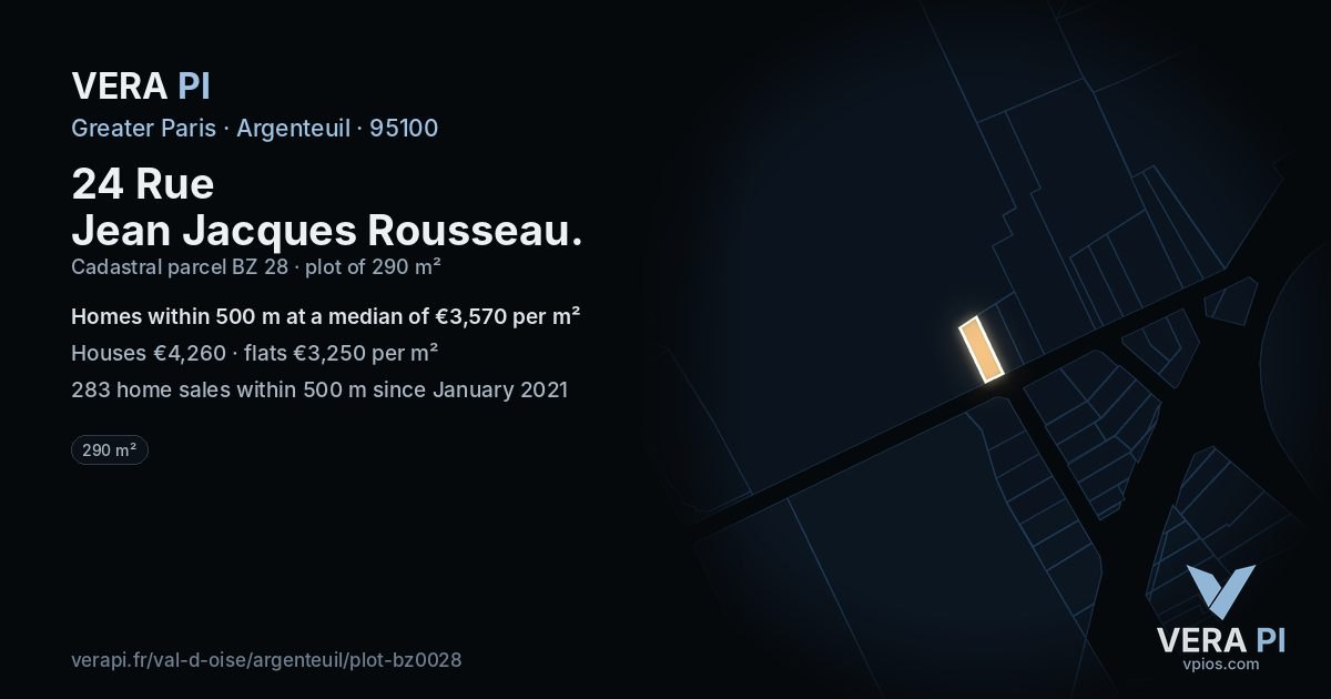 24 Rue Jean Jacques Rousseau, Argenteuil at night – the plot lit, the parcels around coloured by the prices near them