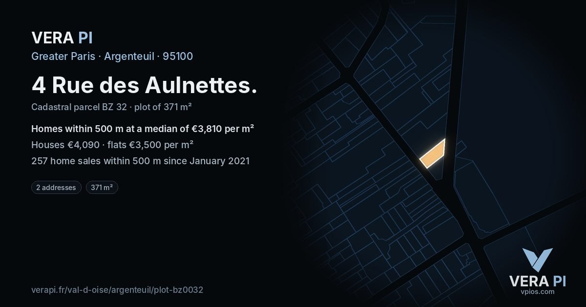 4 Rue des Aulnettes, Argenteuil at night – the plot lit, the parcels around coloured by the prices near them