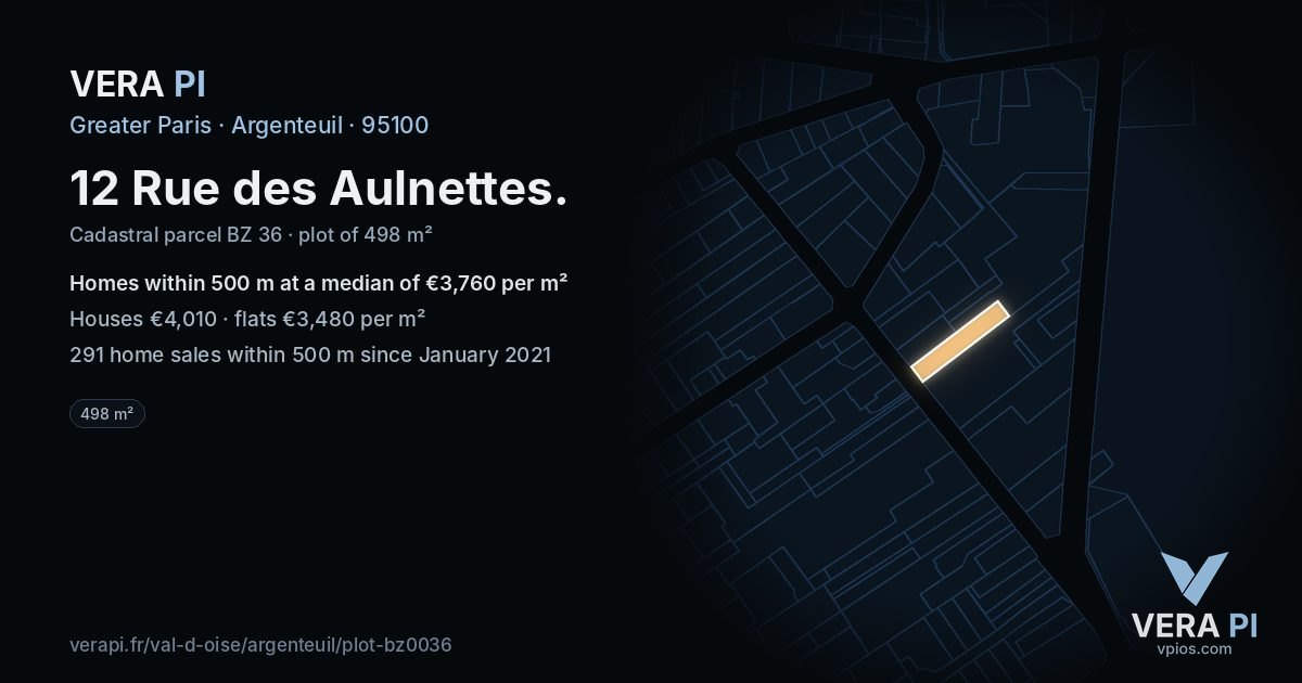 12 Rue des Aulnettes, Argenteuil at night – the plot lit, the parcels around coloured by the prices near them
