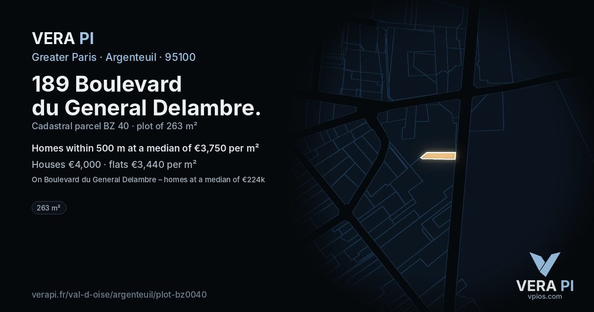 189 Boulevard du General Delambre, Argenteuil at night – the plot lit, the parcels around coloured by the prices near them