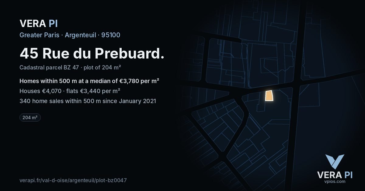 45 Rue du Prebuard, Argenteuil at night – the plot lit, the parcels around coloured by the prices near them