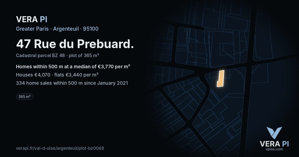 47 Rue du Prebuard, Argenteuil at night – the plot lit, the parcels around coloured by the prices near them