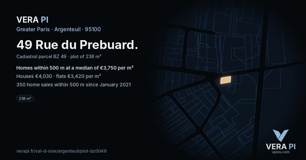 49 Rue du Prebuard, Argenteuil at night – the plot lit, the parcels around coloured by the prices near them