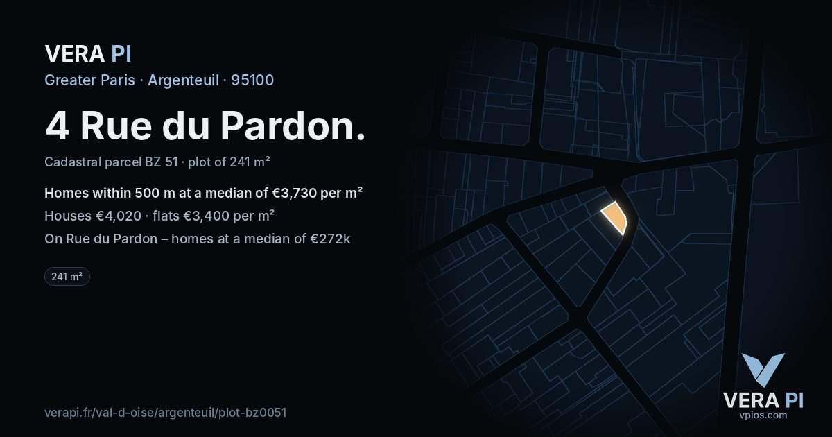 4 Rue du Pardon, Argenteuil at night – the plot lit, the parcels around coloured by the prices near them