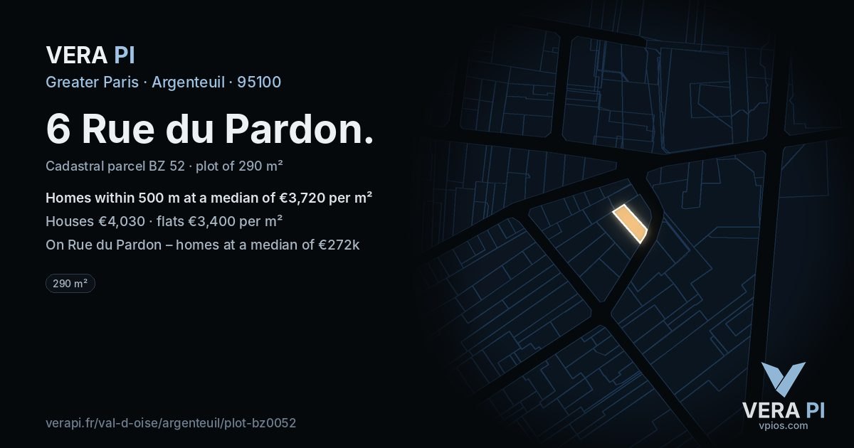 6 Rue du Pardon, Argenteuil at night – the plot lit, the parcels around coloured by the prices near them
