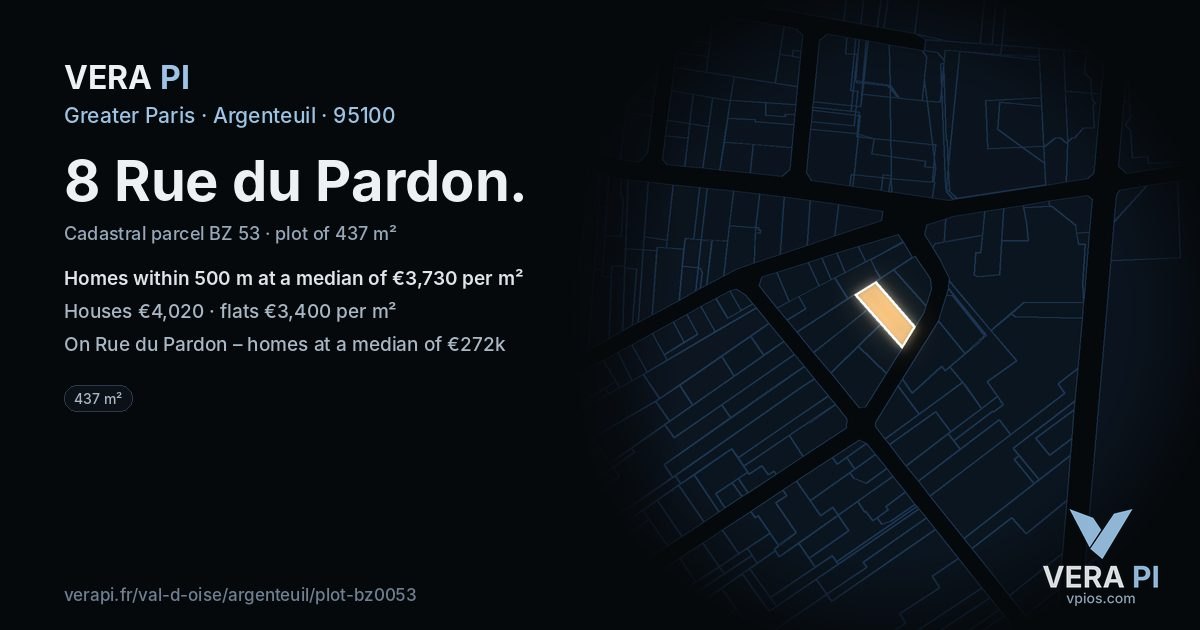 8 Rue du Pardon, Argenteuil at night – the plot lit, the parcels around coloured by the prices near them