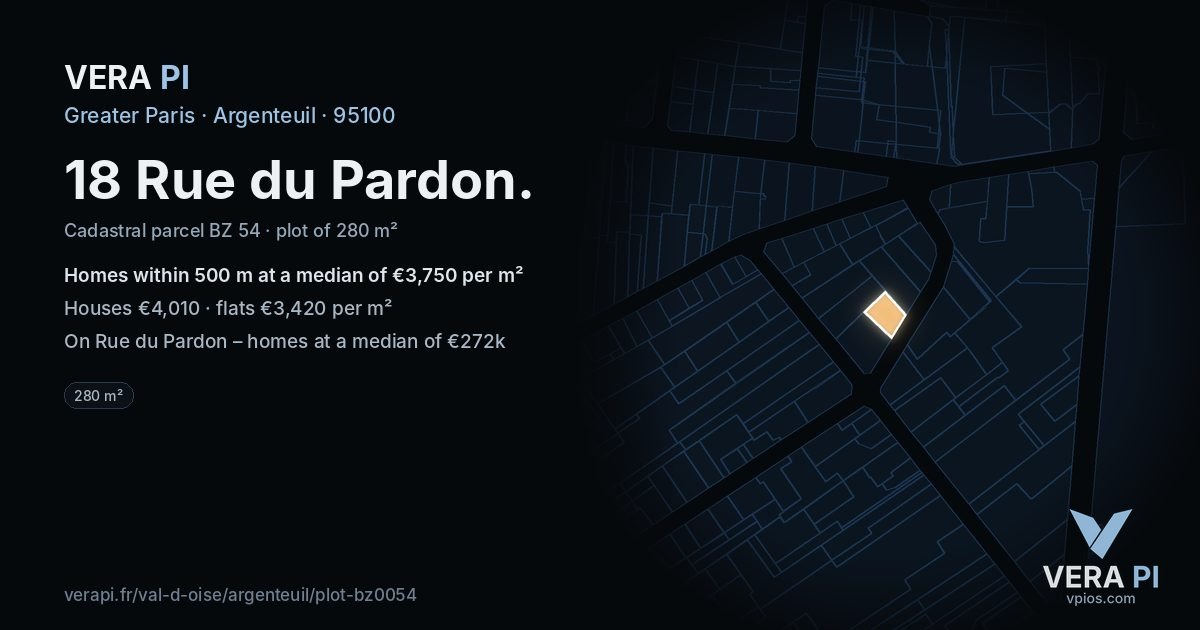 18 Rue du Pardon, Argenteuil at night – the plot lit, the parcels around coloured by the prices near them
