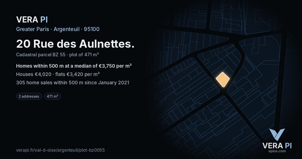 20 Rue des Aulnettes, Argenteuil at night – the plot lit, the parcels around coloured by the prices near them