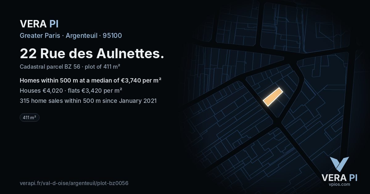 22 Rue des Aulnettes, Argenteuil at night – the plot lit, the parcels around coloured by the prices near them