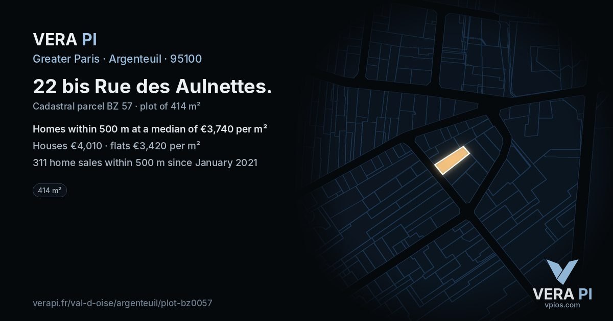 22 bis Rue des Aulnettes, Argenteuil at night – the plot lit, the parcels around coloured by the prices near them