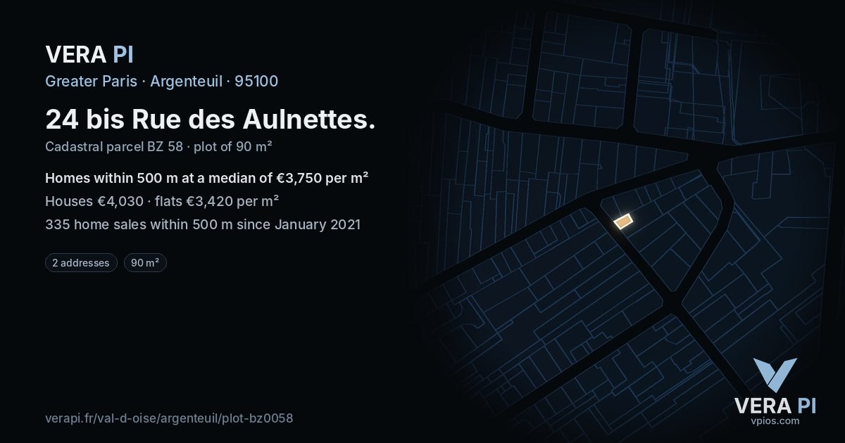 24 bis Rue des Aulnettes, Argenteuil at night – the plot lit, the parcels around coloured by the prices near them