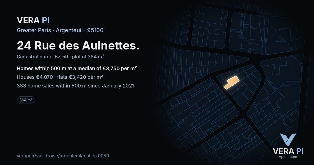 24 Rue des Aulnettes, Argenteuil at night – the plot lit, the parcels around coloured by the prices near them