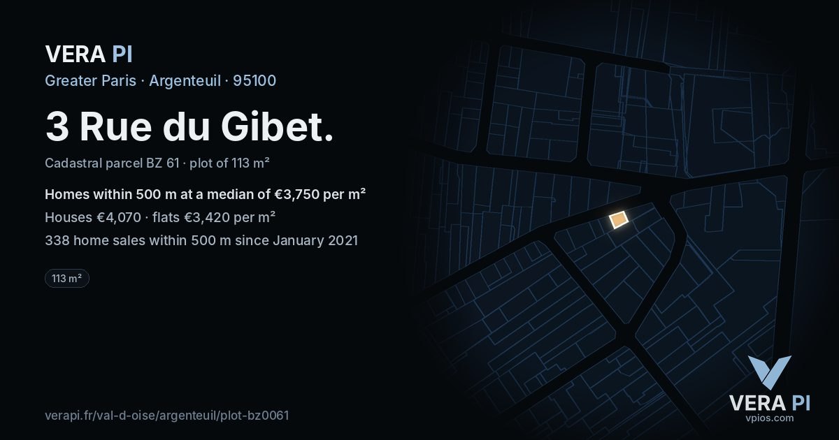 3 Rue du Gibet, Argenteuil at night – the plot lit, the parcels around coloured by the prices near them