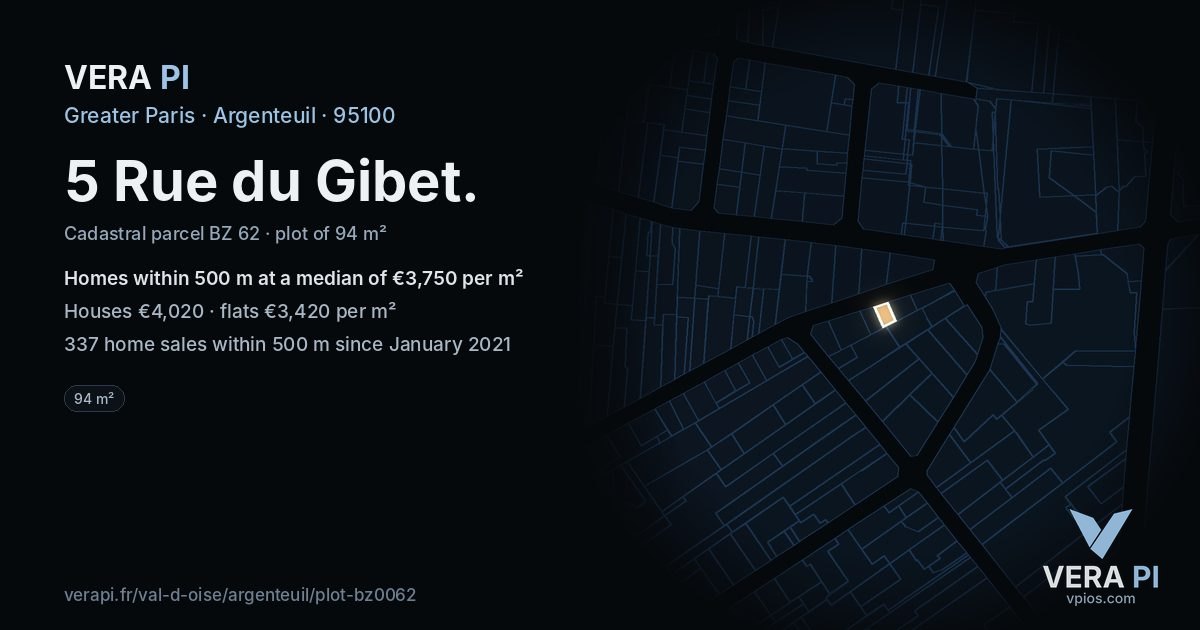 5 Rue du Gibet, Argenteuil at night – the plot lit, the parcels around coloured by the prices near them