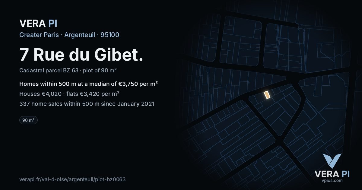 7 Rue du Gibet, Argenteuil at night – the plot lit, the parcels around coloured by the prices near them